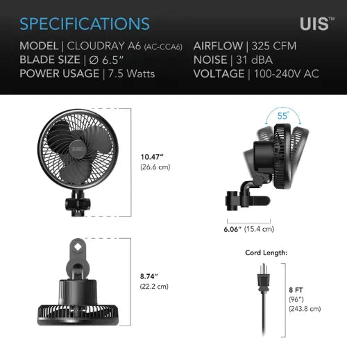 AC Infinity Cloudray A6 Gen 2 6” Grow Tent Clip Fan | EC Motor & Manual Swivel