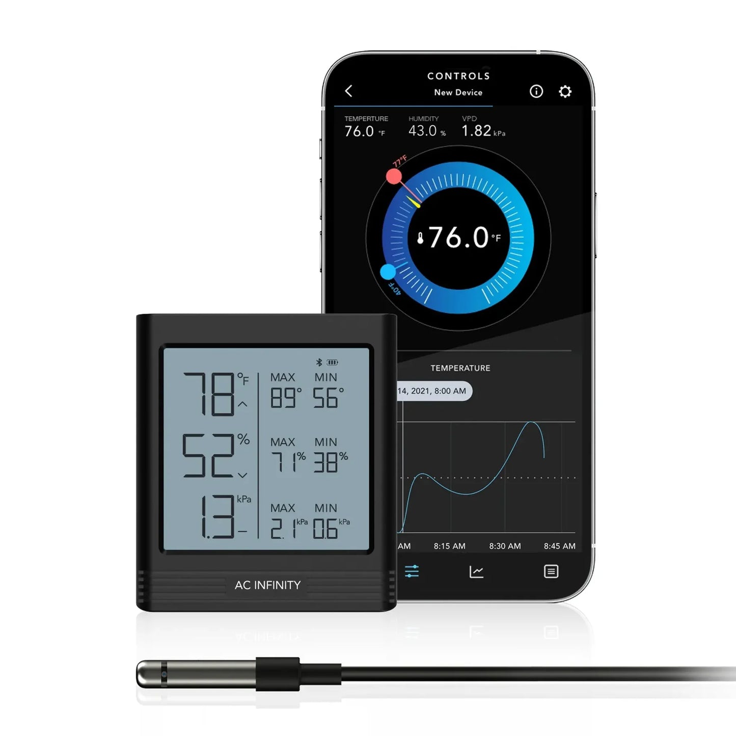 AC Infinity Cloudcom B1 Smart Thermo-Hygrometer | Bluetooth App Monitor with 12-Ft Sensor Probe