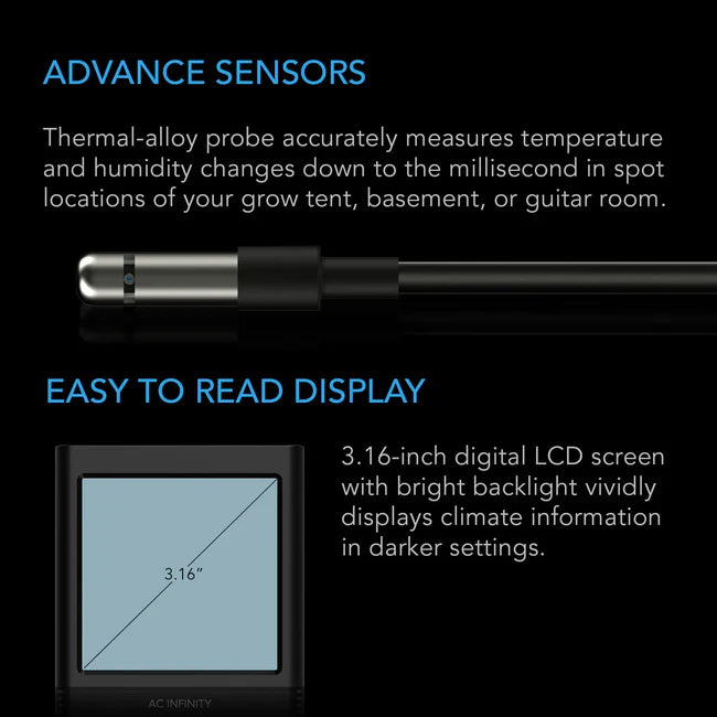 AC Infinity Cloudcom B1 Smart Thermo-Hygrometer | Bluetooth App Monitor with 12-Ft Sensor Probe