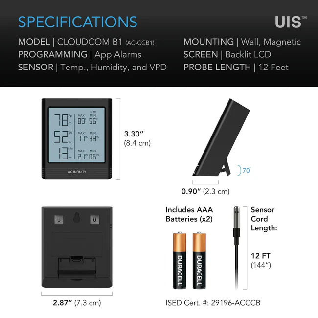 AC Infinity Cloudcom B1 Smart Thermo-Hygrometer | Bluetooth App Monitor with 12-Ft Sensor Probe
