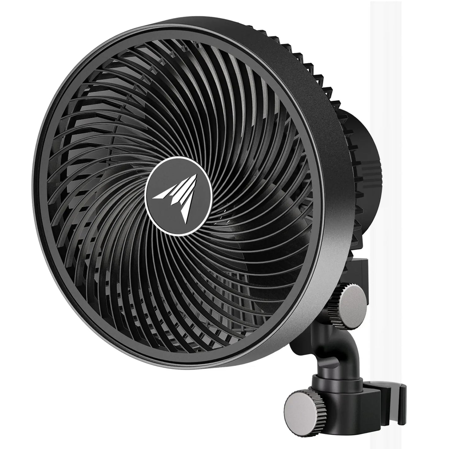 Black fan with a brand logo on a white background