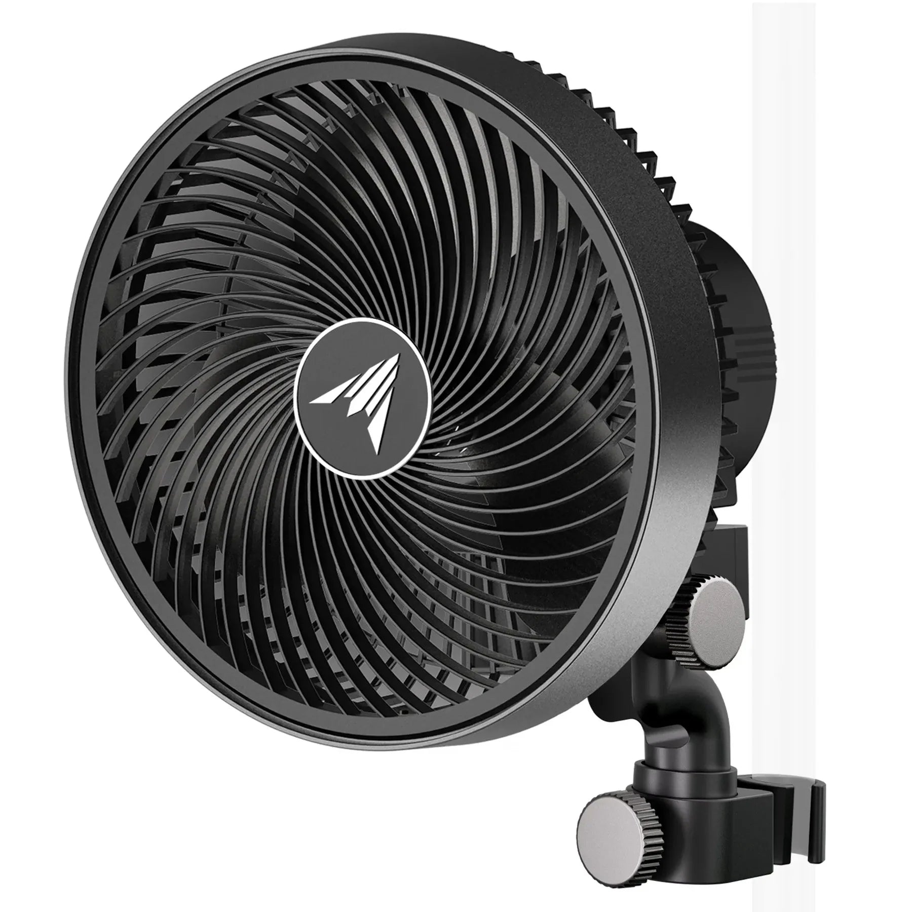 Black fan with a brand logo on a white background