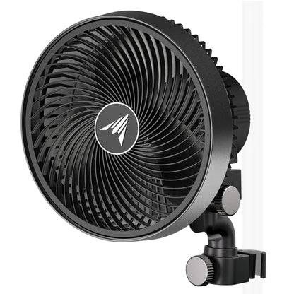 Black fan with a brand logo on a white background