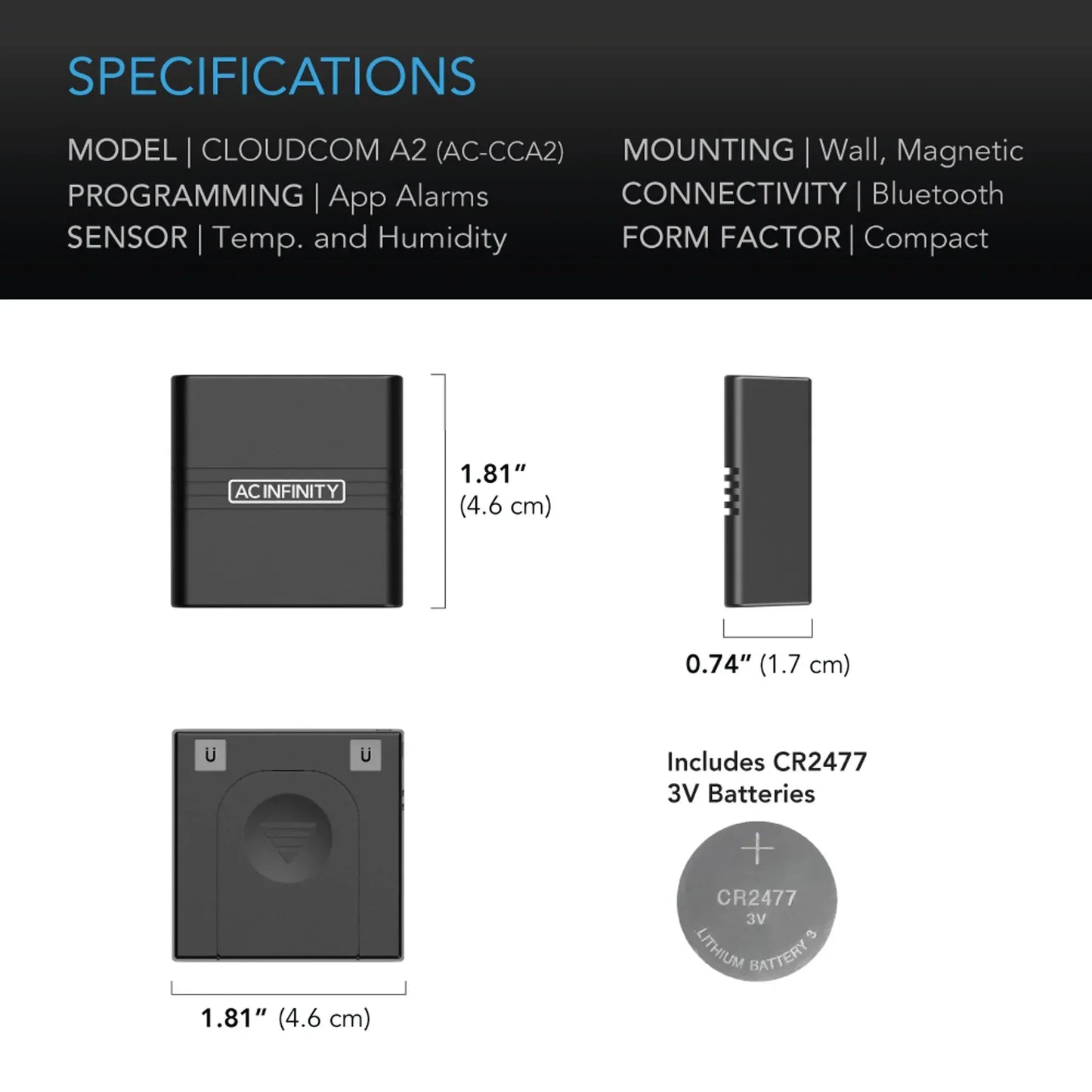 AC Infinity Cloudcom A2 Mini Smart Thermo-Hygrometer | Bluetooth App Monitor with Integrated Sensor