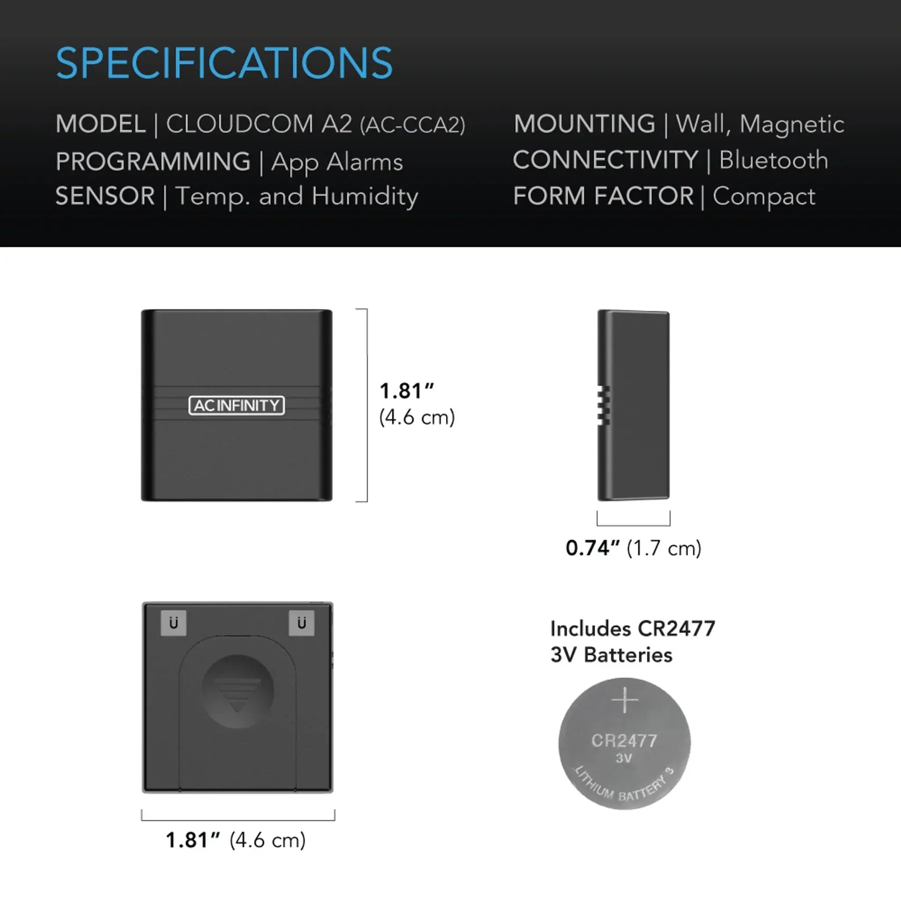 AC Infinity Cloudcom A2 Mini Smart Thermo-Hygrometer | Bluetooth App Monitor with Integrated Sensor