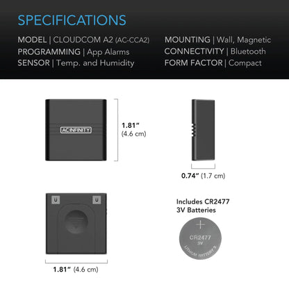 AC Infinity Cloudcom A2 Mini Smart Thermo-Hygrometer | Bluetooth App Monitor with Integrated Sensor