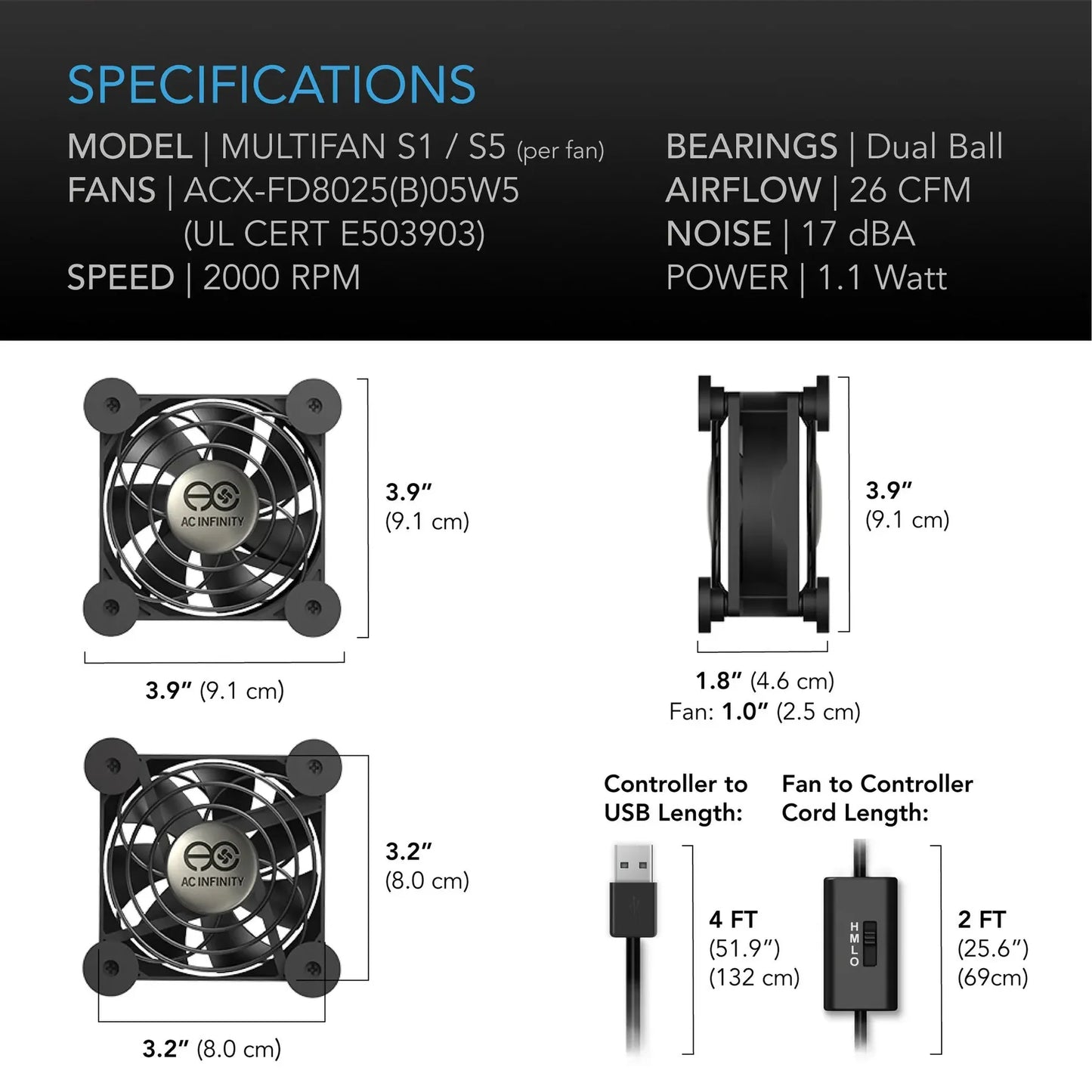 AC Infinity Multifan S1 Quiet 80mm USB Cooling Fan | Cabinet & AV Components