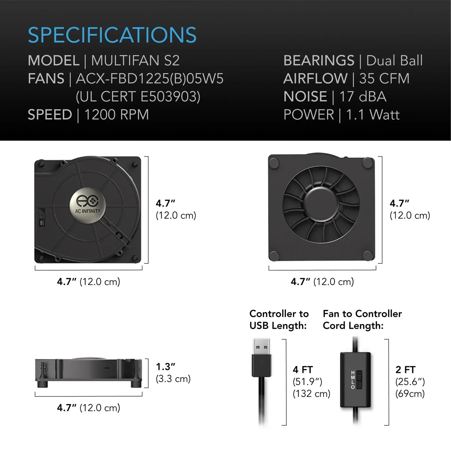 AC Infinity Multifan S2 Quiet 120mm USB Blower Fan | Cabinet & AV Components