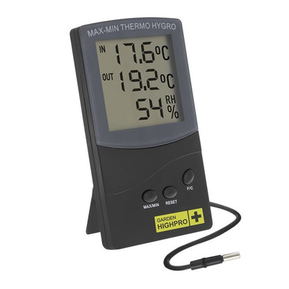 Garden HighPro Thermo-Hygrometer with 1.5m Probe | Digital Indoor Grow Tent Humidity & Temperature Monitor | Dual Zone Min/Max Memory