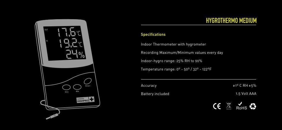 Garden HighPro Thermo-Hygrometer with 1.5m Probe | Digital Indoor Grow Tent Humidity & Temperature Monitor | Dual Zone Min/Max Memory