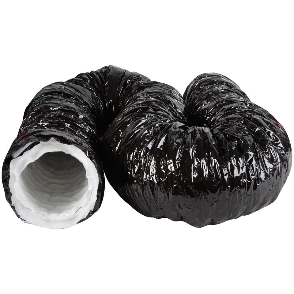 Black flexible duct pipe with a crinkled reflective exterior and a white inner lining, shown on a plain white background.