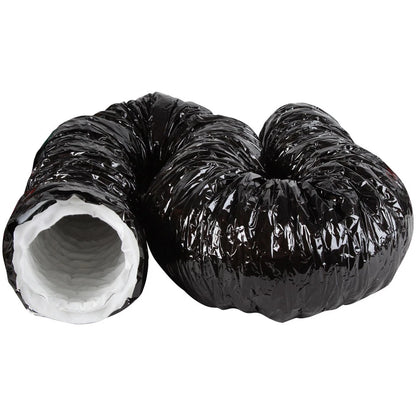 Black flexible duct pipe with a crinkled reflective exterior and a white inner lining, shown on a plain white background.