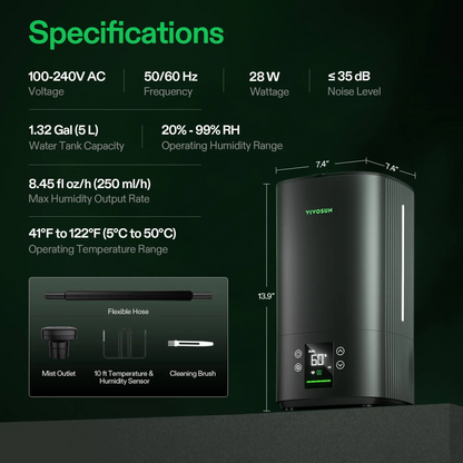Vivosun humidifier with specifications on a dark background