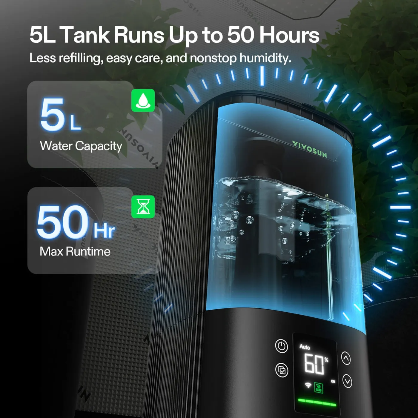 Humidifier with 5L water capacity and 50-hour runtime, featuring VIVOSUN branding.