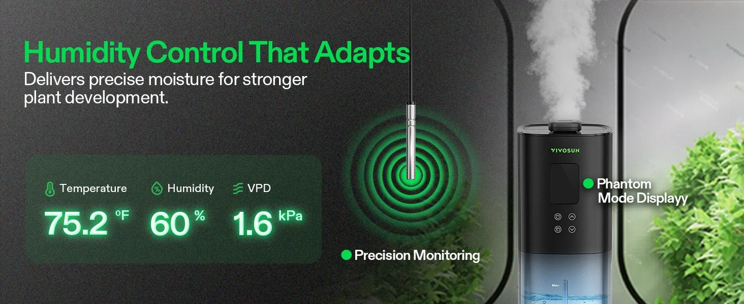 Humidity control device with digital display and plant in the background