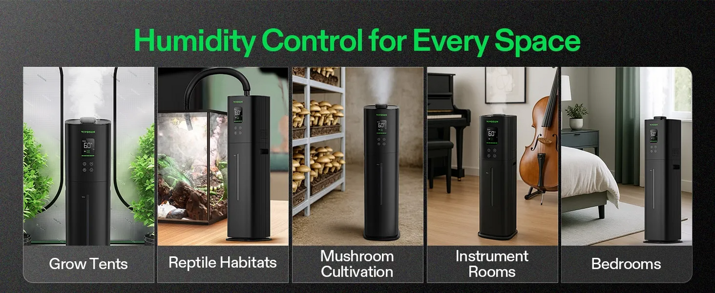 Humidity control device in various settings including grow tents, reptile habitats, mushroom cultivation, instrument rooms, and bedrooms.