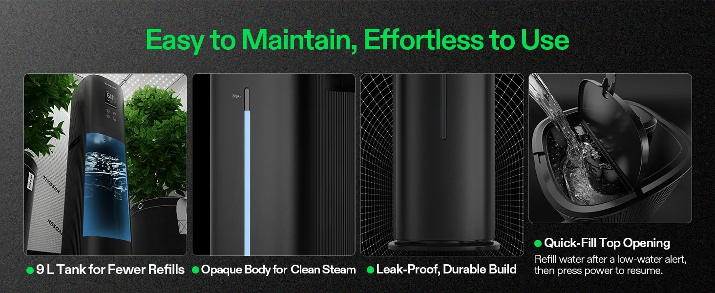 Product advertisement with text 'Easy to Maintain, Effortless to Use' and images of a water dispenser.