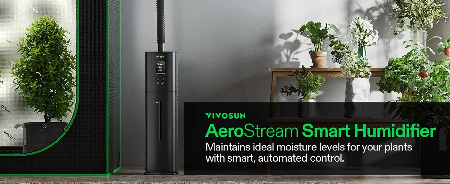 VIVOSUN AeroStream Smart Humidifier with plants sited out side of grow tent in a room setting