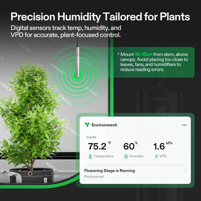 Digital sensor for plant care with temperature, humidity, and VPD display next to a potted plant.
