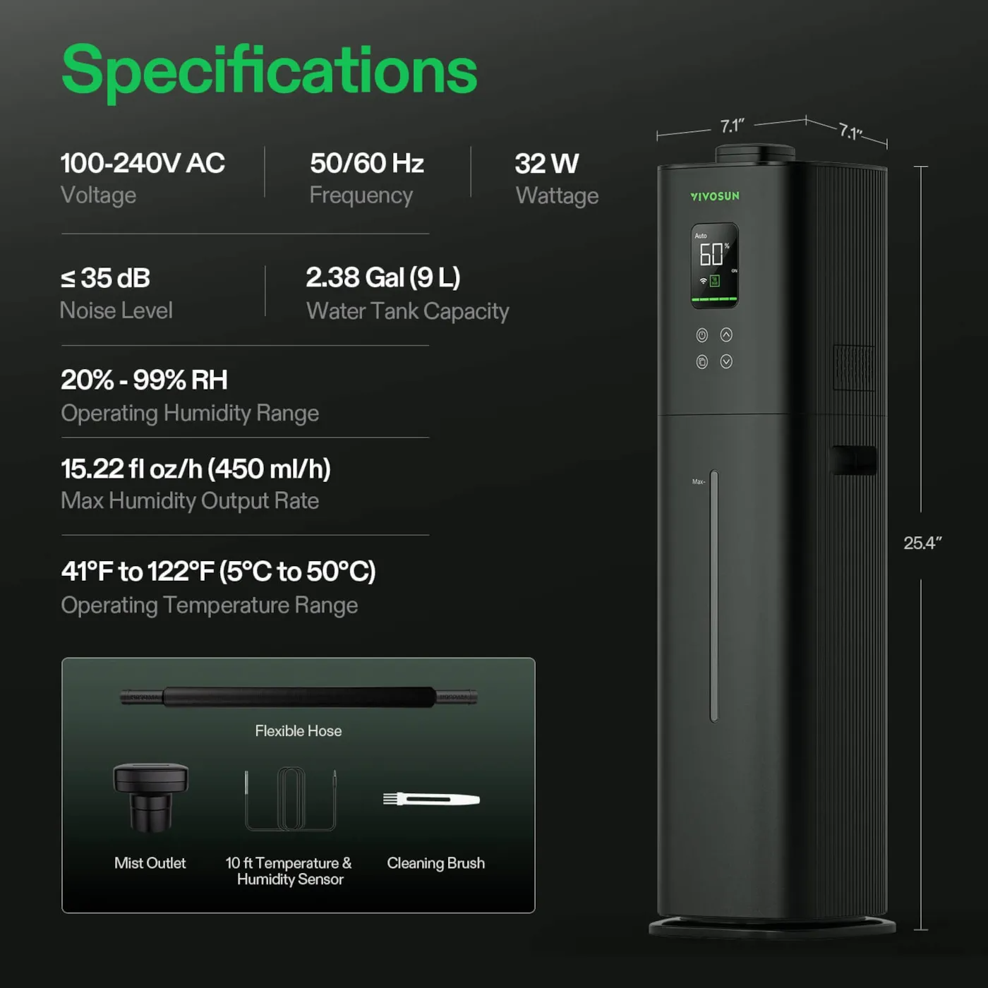 Specification details of a humidifier with a black background