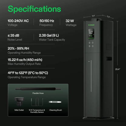Specification details of a humidifier with a black background