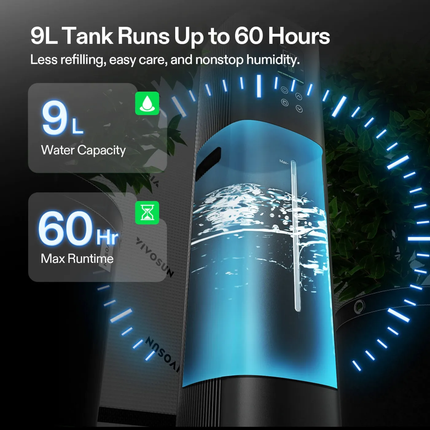 Vivosun H09 with water tank capacity and runtime displayed on a dark background