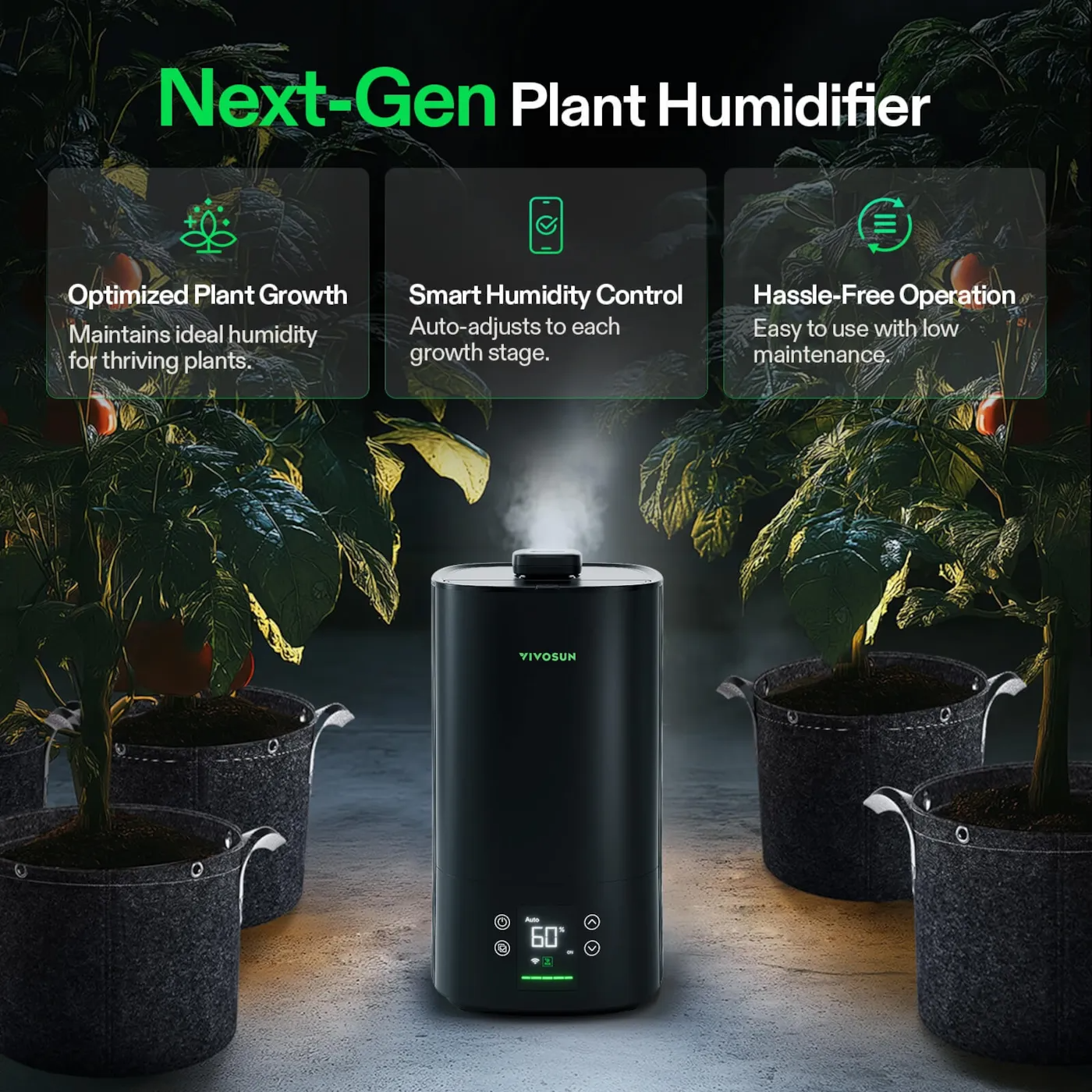 Vivosun next-gen plant humidifier with potted plants in the background