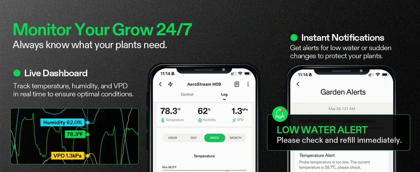 Smart garden monitoring app with smartphone screenshots on a black background