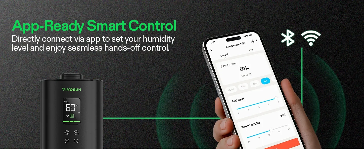 Smart control device with app interface on a smartphone, featuring Bluetooth and Wi-Fi icons.