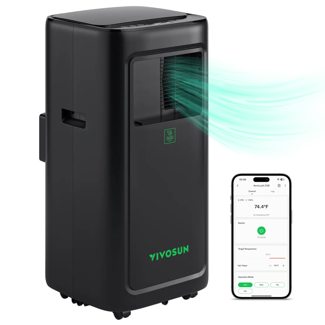 Black portable air conditioner with YIVOSUN branding and a smartphone app displayed on a white background.