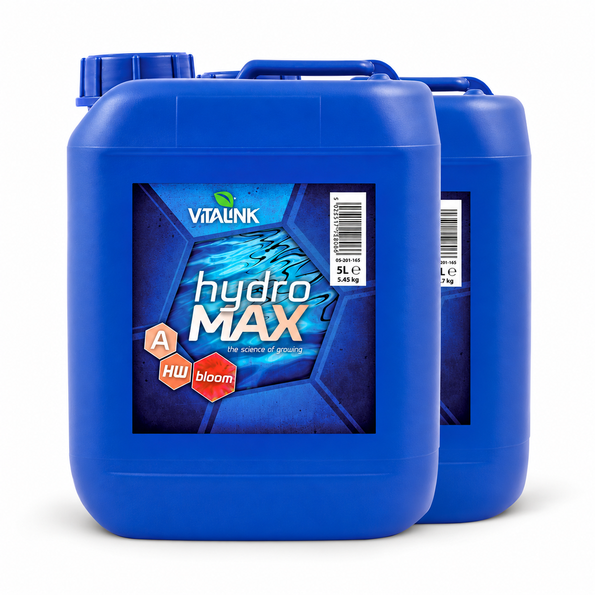 Two blue plastic jugs of VITALINK hydro MAX plant growth regulator and bloom booster on a white background.