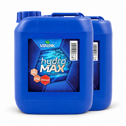 Two blue plastic jugs of VITALINK hydro MAX plant growth regulator and bloom booster on a white background.