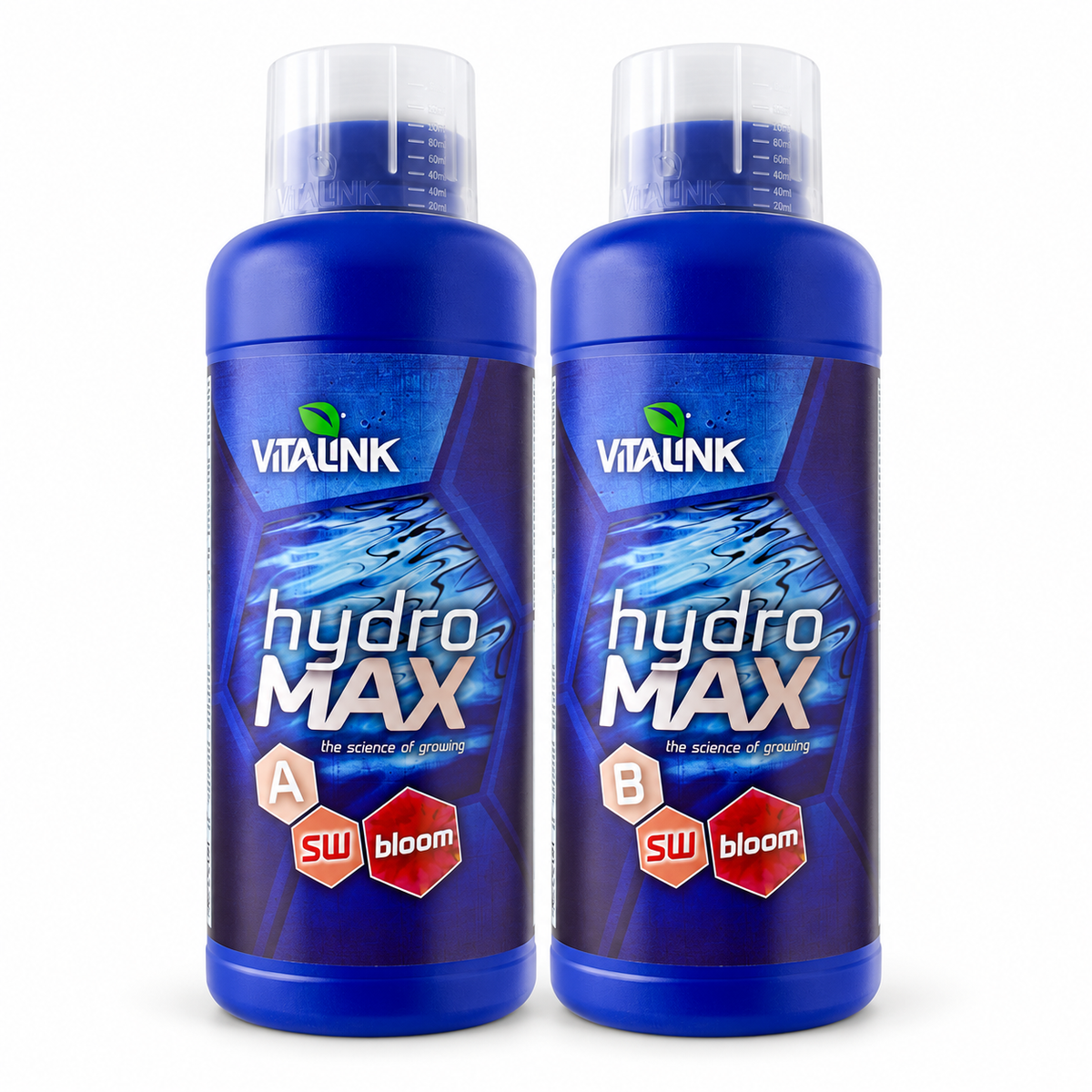 VitaLink Hydro MAX Bloom A&B soft-water nutrients in two blue 1 litre bottles.