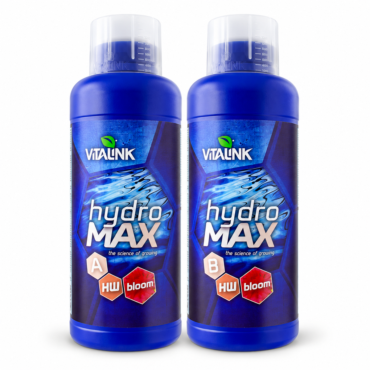 Two blue bottles of VITALINK hydro MAX fertilizer solution, labeled A and B, shown side-by-side on a white background.