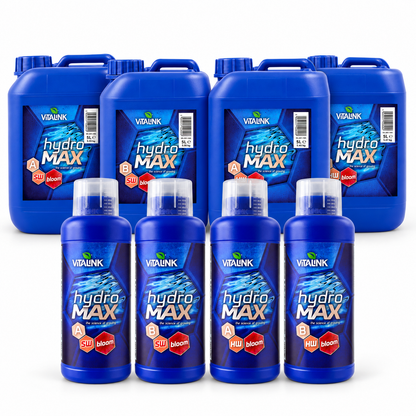 A set of VITALINK hydro MAX plant growth regulators, including four large blue jerrycans and six smaller blue bottles, arranged in two rows against a plain white background.