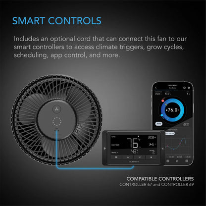 A smart fan product graphic on a dark gray background showing the black fan, a digital controller, and a smartphone app screen under the heading 'SMART CONTROLS' with text about optional cord and compatible controllers Controller 67 and Controller 69.