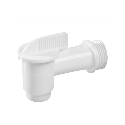 Athena 5 Gallon white HDPE dispensing spigot for hydroponic nutrient jugs.