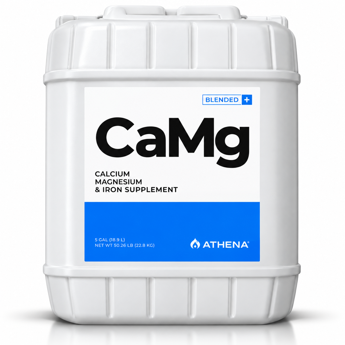 A white plastic 5 gallon jerrycan-style container of Athena CaMg Calcium Magnesium & Iron Supplement, featuring a white and blue label with bold black text.