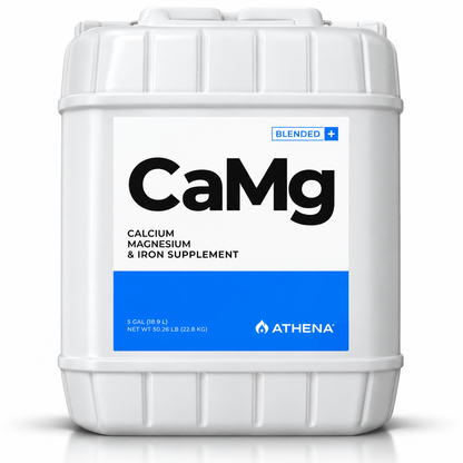 A white plastic 5 gallon jerrycan-style container of Athena CaMg Calcium Magnesium & Iron Supplement, featuring a white and blue label with bold black text.