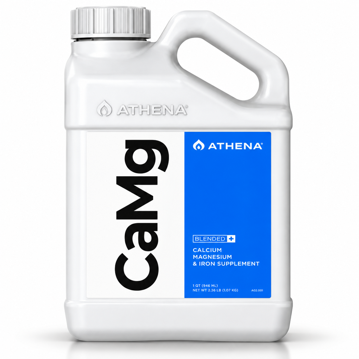 A white plastic 1 gallon jug of Athena CaMg blended calcium magnesium and iron supplement with a blue and white label