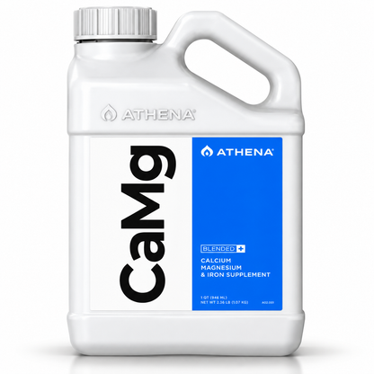 A white plastic 1 gallon jug of Athena CaMg blended calcium magnesium and iron supplement with a blue and white label