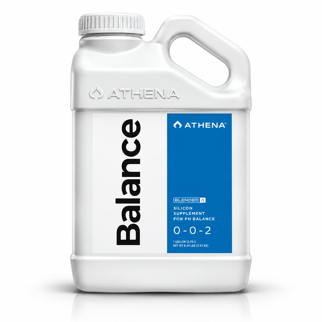 A white plastic 1 gallon jug of Athena Balance silicone supplement for pH balance, featuring a blue and white label on a clean white background.