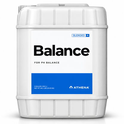 A white plastic 5-gallon drum of Athena Balance pH adjustment liquid, featuring a white label with a blue block and black text.