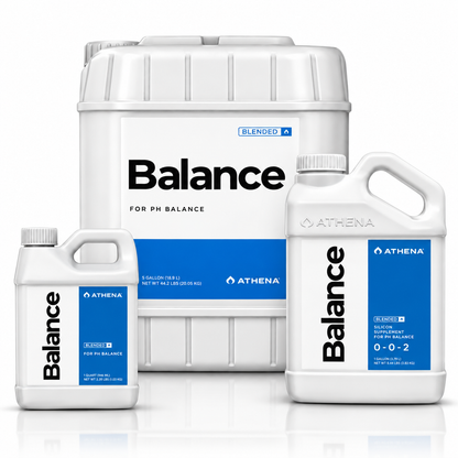 Athena Balance pH Balance liquid fertilizer in different sizes, arranged on a reflective white surface against a white background.