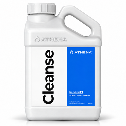 A white plastic 1 gallon jug of Athena Cleanse for clean systems, featuring a white cap, a white body, and a prominent blue label with black text.