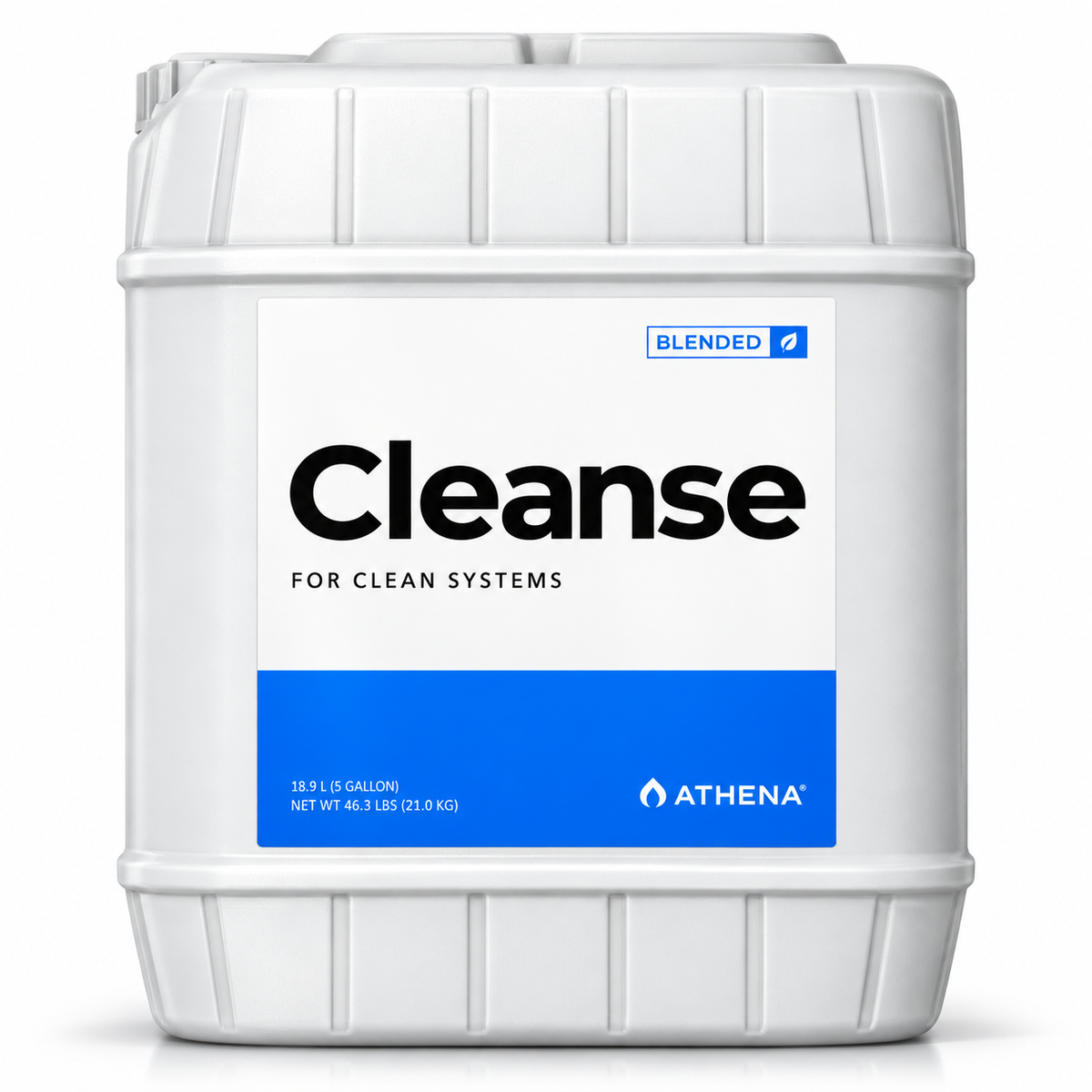 A l5 gallon drum container of Athena Cleanse for clean systems, featuring a white and blue label with the brand name Athena and the product name Cleanse.