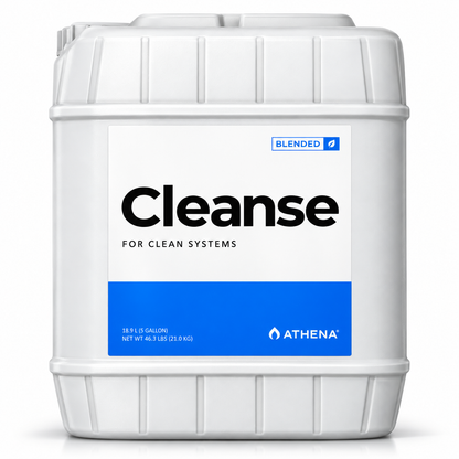 A l5 gallon drum container of Athena Cleanse for clean systems, featuring a white and blue label with the brand name Athena and the product name Cleanse.