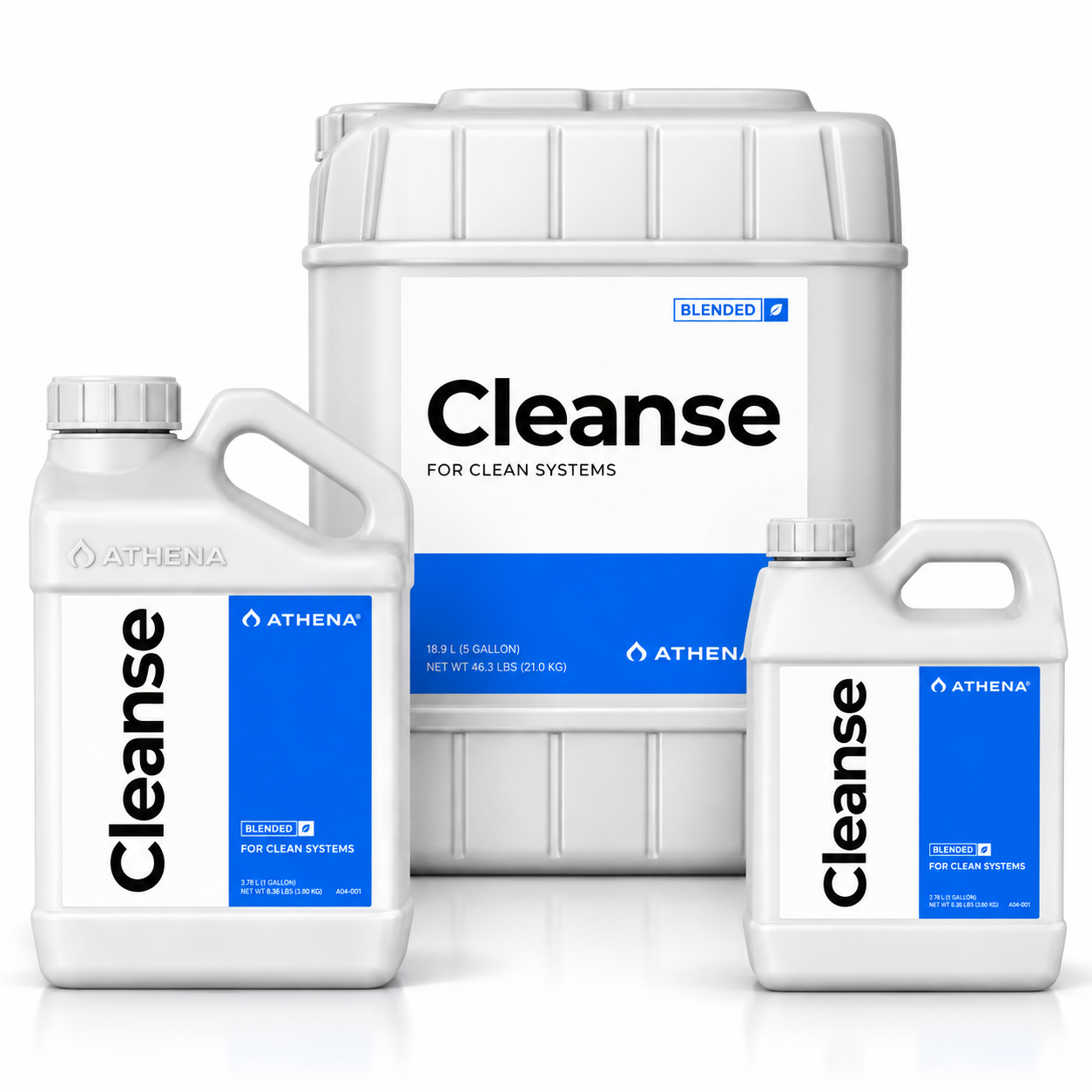 all sized containers of Athena Cleanse cleaning solution for clean systems, shown in different sizes on a white background: a large jerrycan, a medium plastic tub, and a smaller jug.