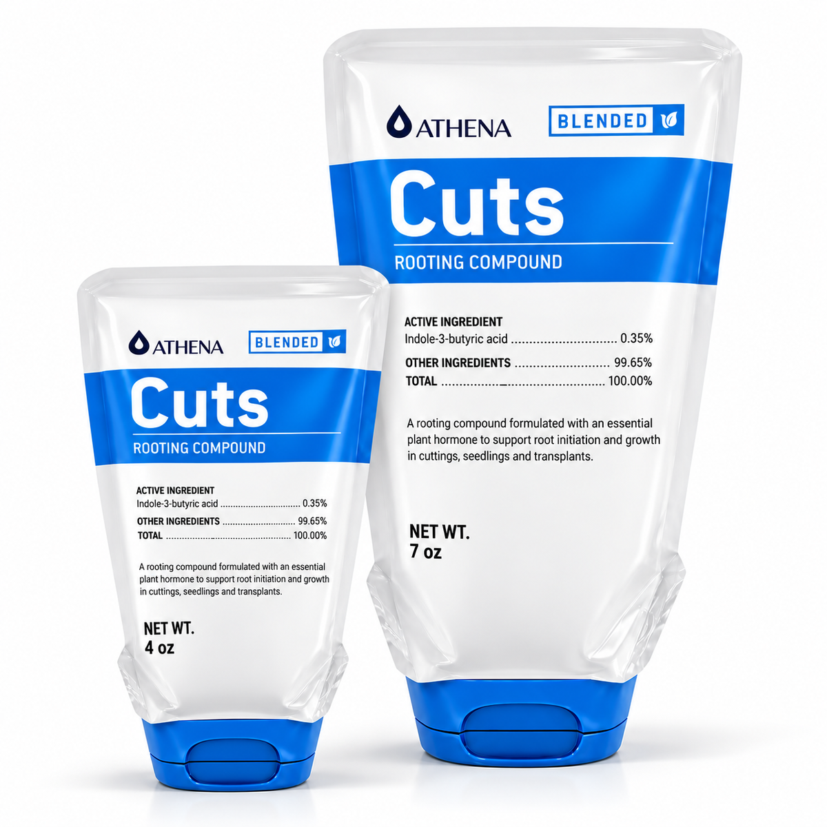 Two white plastic squeeze tubes of Athena Blended Cuts Rooting Compound, one 4 oz and one 7 oz, shown on a clean white background.