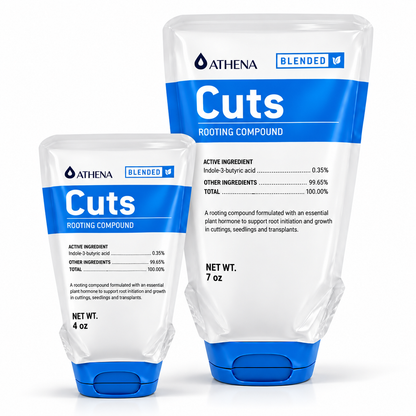 Two white plastic squeeze tubes of Athena Blended Cuts Rooting Compound, one 4 oz and one 7 oz, shown on a clean white background.